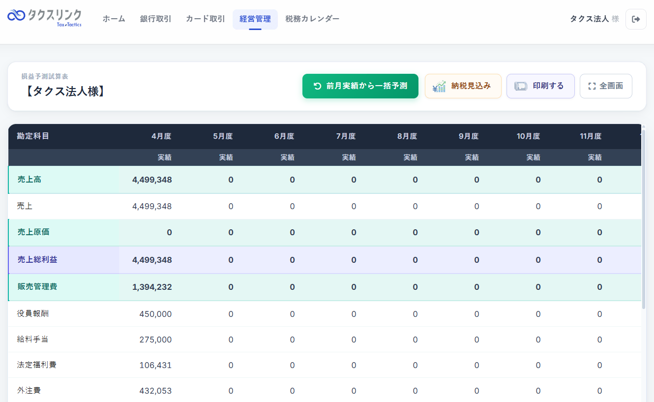 タクスリンクの損益予測試算表画面