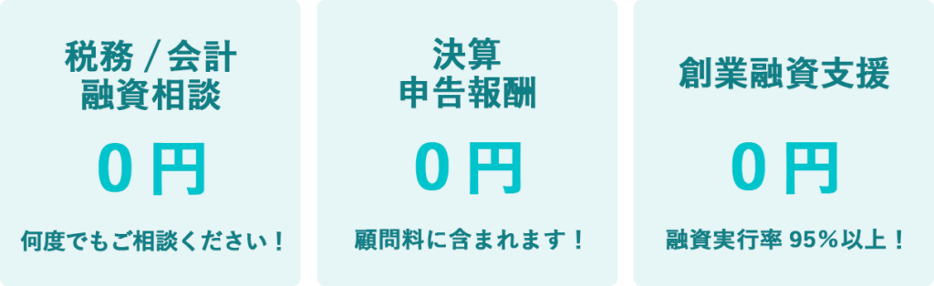 税務・会計・融資相談0円、決算申告報酬0円、創業融資支援0円