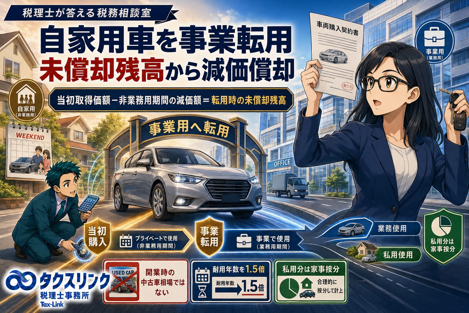 自家用車を事業用に転用したら？減価償却費は？簿価は？