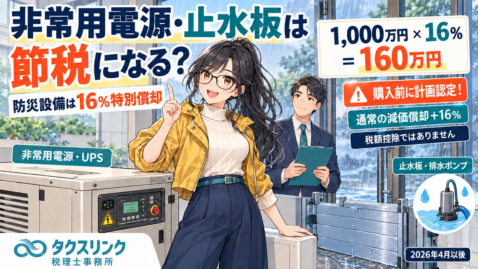 非常用電源・止水板は節税になる？