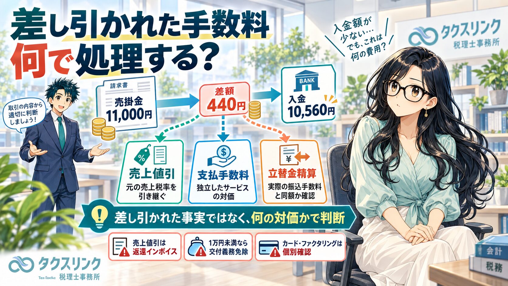 手数料を引かれて振り込まれた時の税務・会計処理